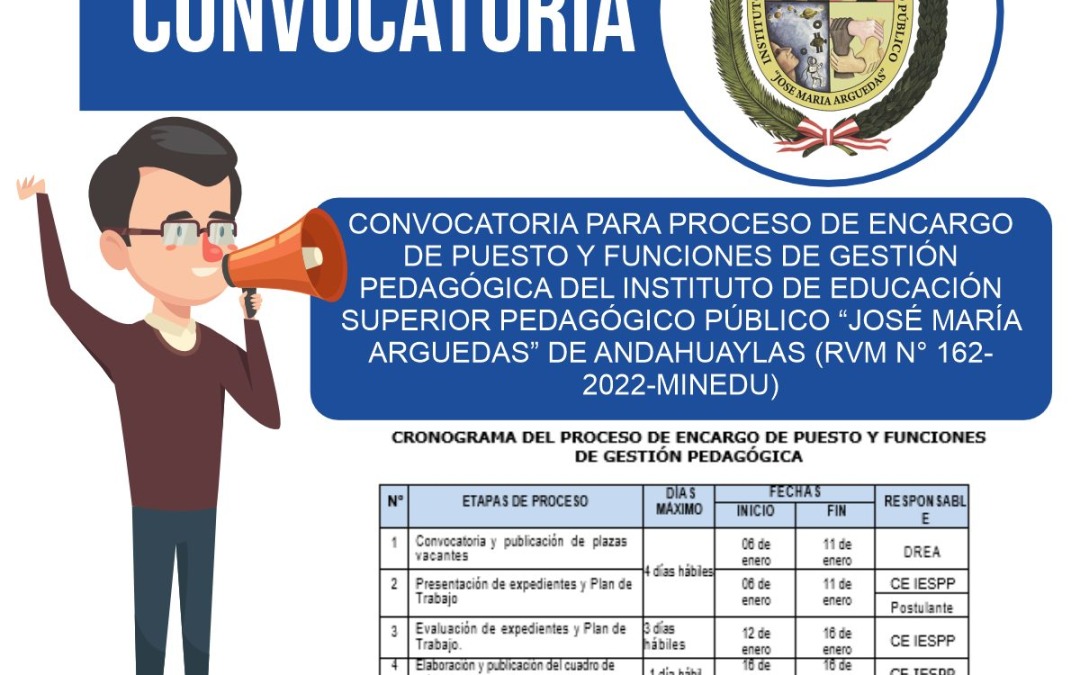 CONVOCATORIA PARA PROCESO DE ENCARGO DE PUESTO Y FUNCIONES DE GESTIÓN PEDAGÓGICA DEL INSTITUTO DE EDUCACIÓN SUPERIOR PEDAGÓGICO PÚBLICO “JOSÉ MARÍA ARGUEDAS” DE ANDAHUAYLAS (RVM N° 162-2022-MINEDU)